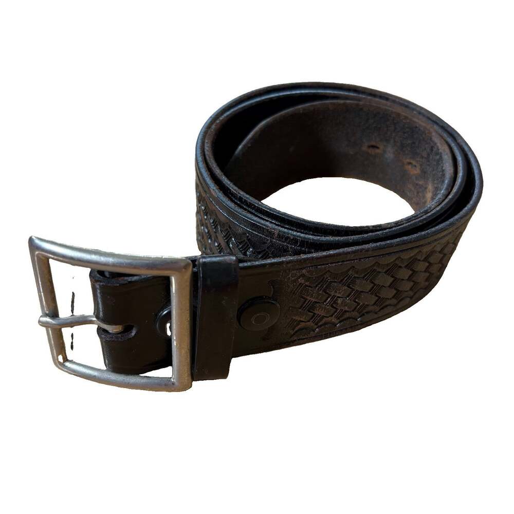Western Bianchi B8 Basketweave Tooled Leather Belt 36 Brass Buckle Black Cowboy